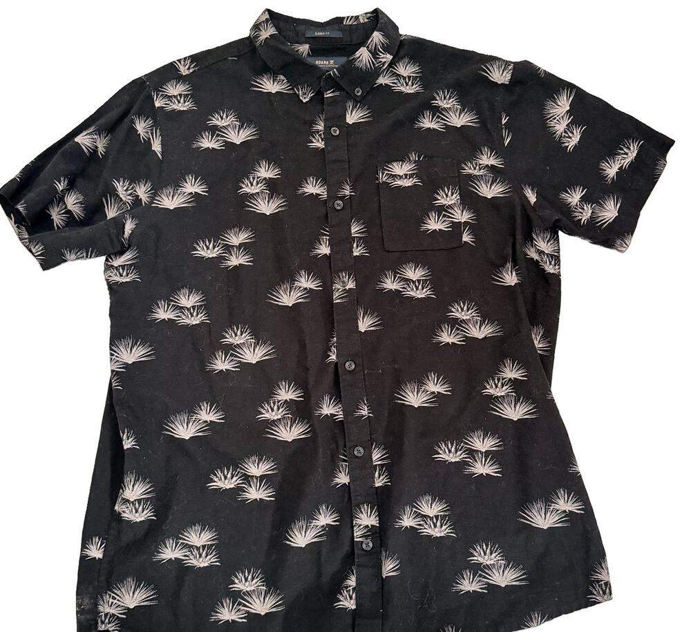 Roark Mens Black Scholar Button Up Shirt Agave Plant Print Cotton Linen XL